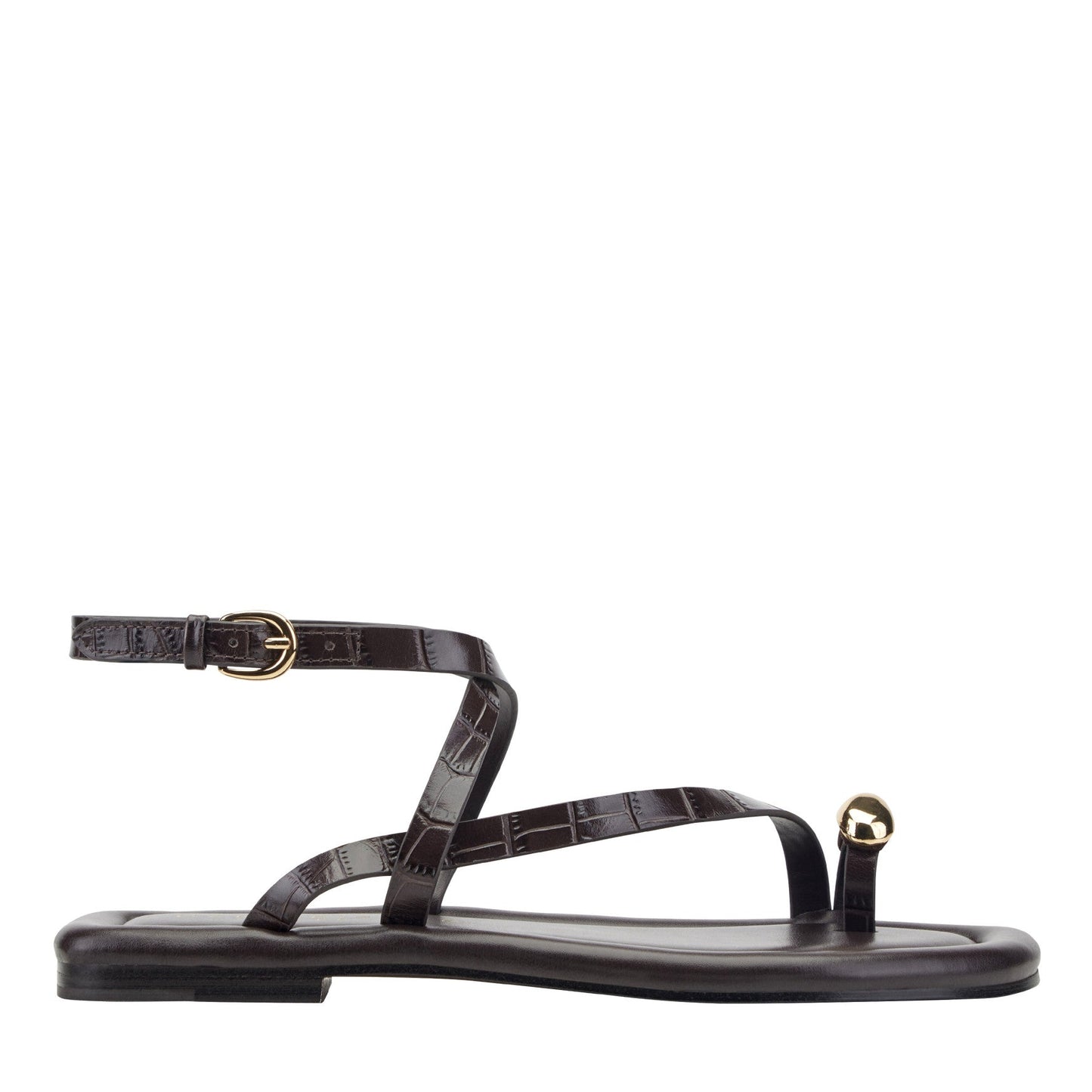 Marc Fisher Gynnie Flat Leather Sandal - Dark Brown Leather Embossed Croco