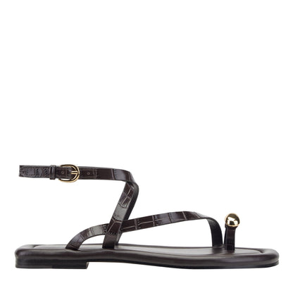 Marc Fisher Gynnie Flat Leather Sandal - Dark Brown Leather Embossed Croco