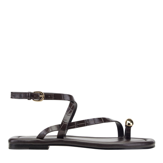 Marc Fisher Gynnie Flat Leather Sandal - Dark Brown Leather Embossed Croco