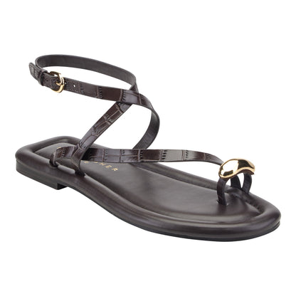 Marc Fisher Gynnie Flat Leather Sandal - Dark Brown Leather Embossed Croco