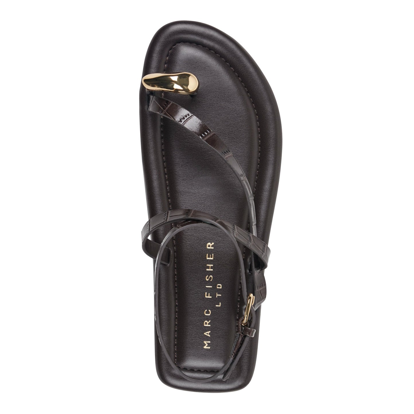 Marc Fisher Gynnie Flat Leather Sandal - Dark Brown Leather Embossed Croco