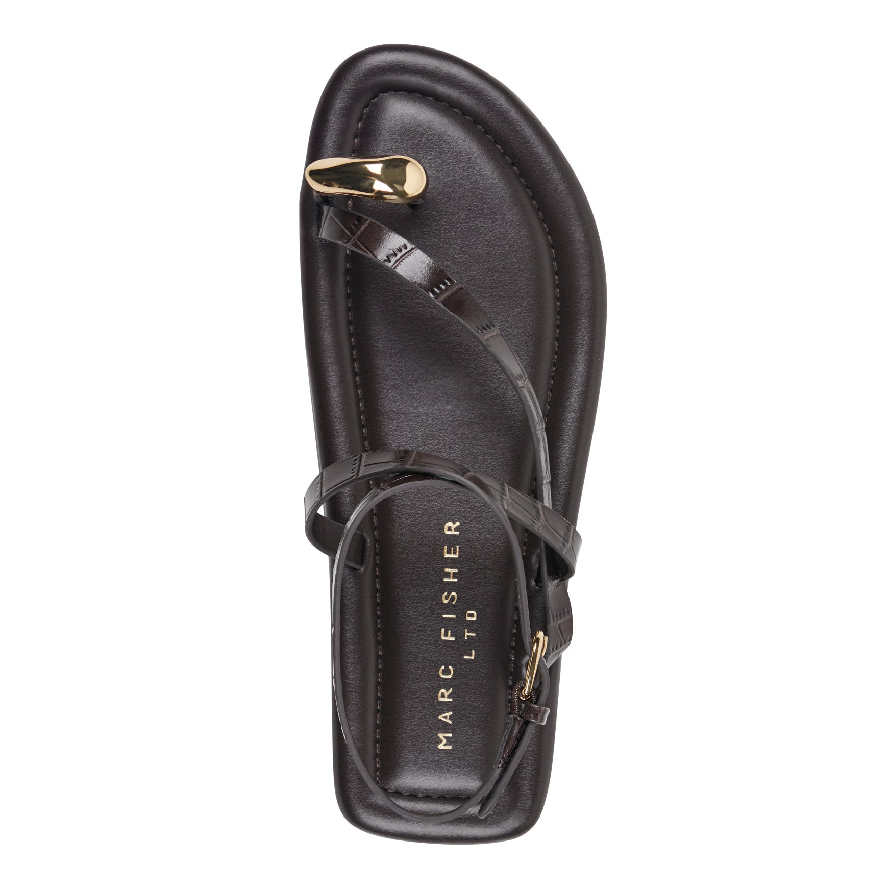 Marc Fisher Gynnie Flat Leather Sandal - Dark Brown Leather Embossed Croco