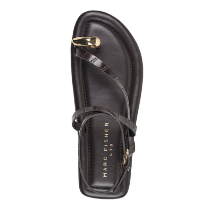 Marc Fisher Gynnie Flat Leather Sandal - Dark Brown Leather Embossed Croco