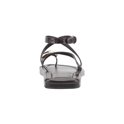 Marc Fisher Gynnie Flat Leather Sandal - Dark Brown Leather Embossed Croco