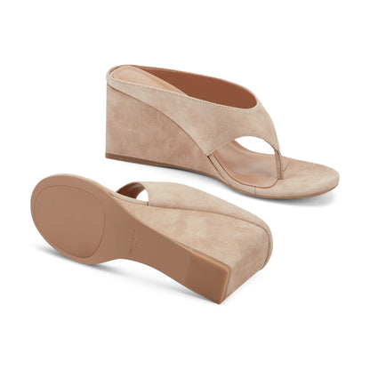 Marc Fisher Udena Wedge Thong Sandal - Light Tan Suede