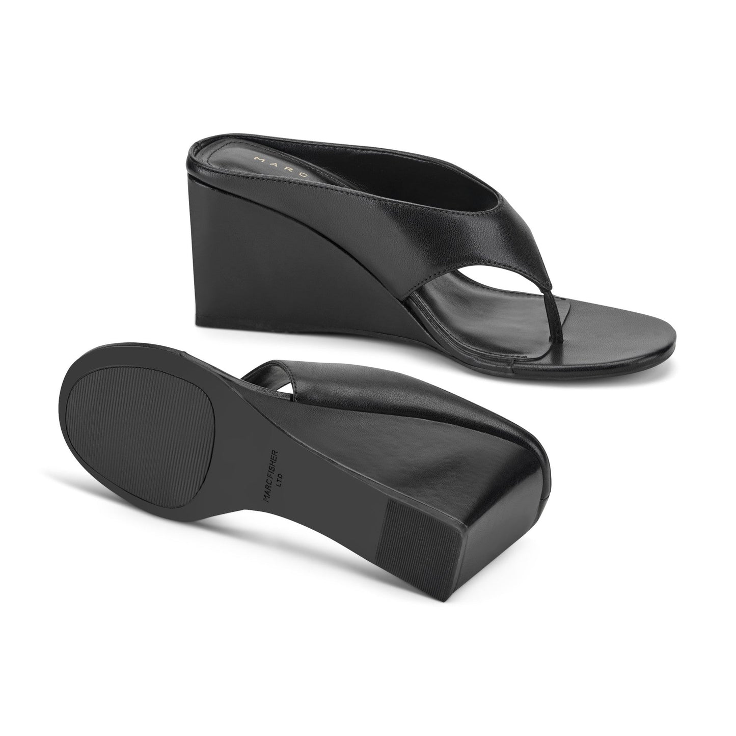 Marc Fisher Udena Wedge Thong Sandal - Black Leather