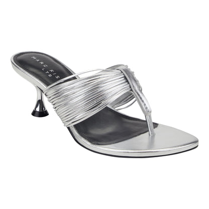 Marc Fisher Pamilla Leather Heeled Thong Sandal - Silver Leather