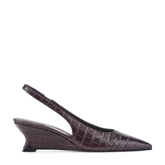 Marc Fisher Taten Leather Wedge Slingback Pump - Dark Red Croco Embossed Leather