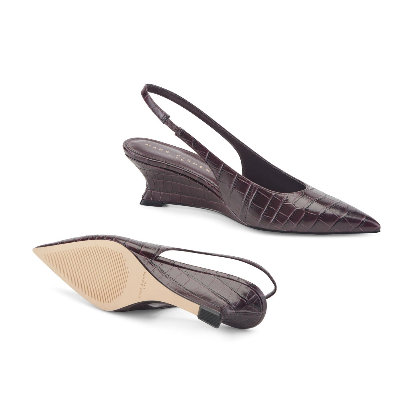 Marc Fisher Taten Leather Wedge Slingback Pump - Dark Red Croco Embossed Leather