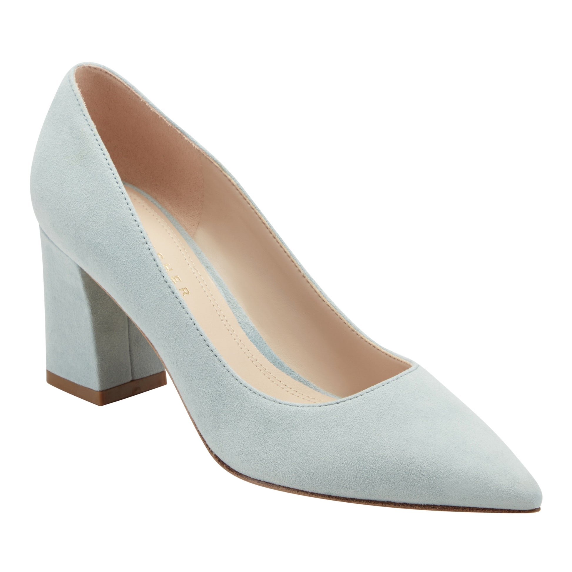 Marc Fisher Zala Block Heel Pointy Toe Pump - Light Blue Suede