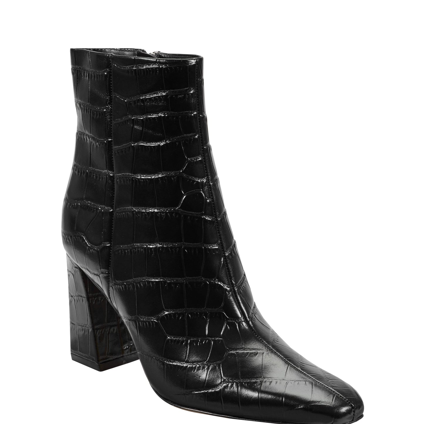 Marc Fisher Novella Block Heel Leather Ankle Bootie - Embossed Black Croco Leather