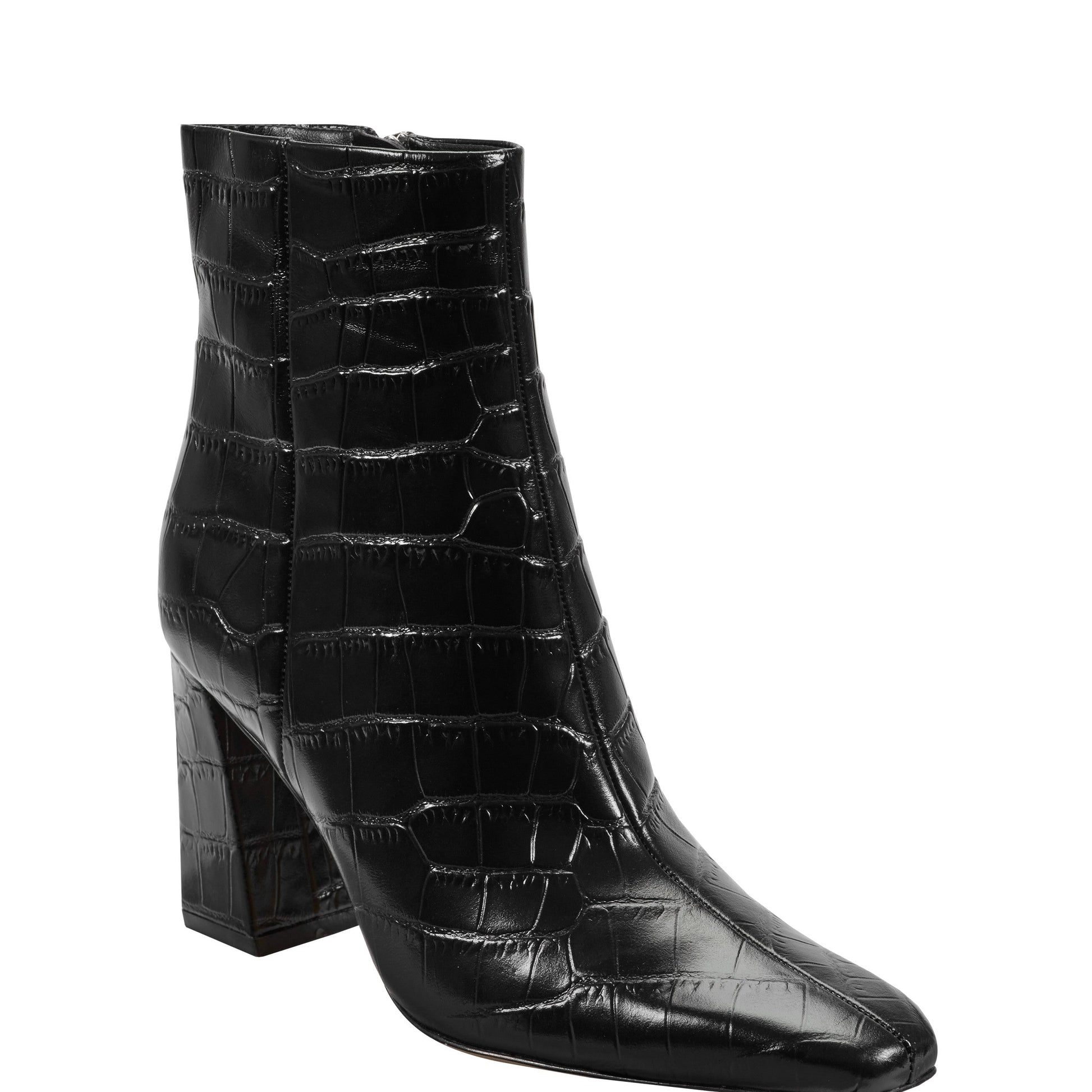 Marc Fisher Novella Block Heel Leather Ankle Bootie - Embossed Black Croco Leather