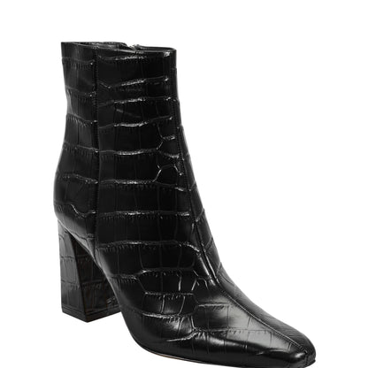 Marc Fisher Novella Block Heel Leather Ankle Bootie - Embossed Black Croco Leather