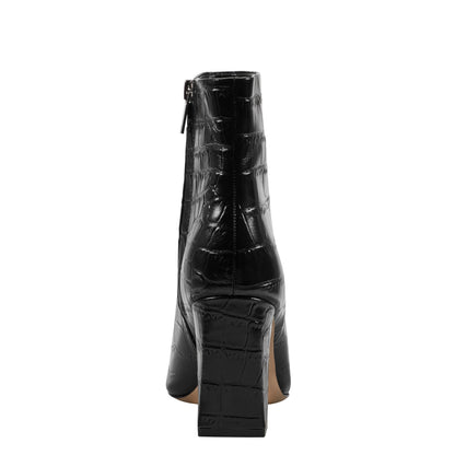 Marc Fisher Novella Block Heel Leather Ankle Bootie - Embossed Black Croco Leather