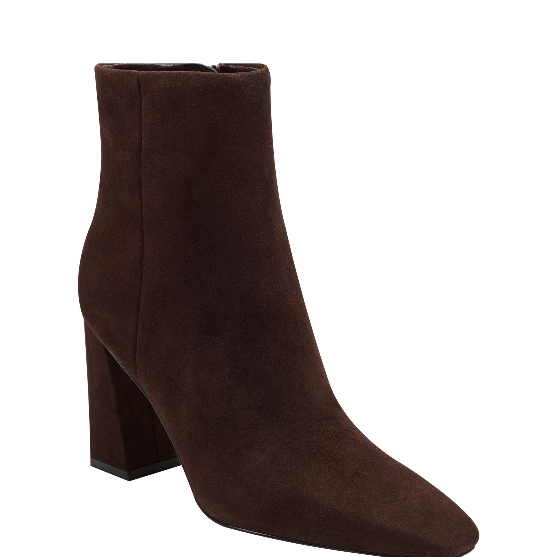 Marc Fisher Novella Block Heel Leather Ankle Bootie - Dark Brown Suede