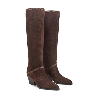 Marc Fisher Tayla Block Heel Leather Boot - Dark Brown Suede