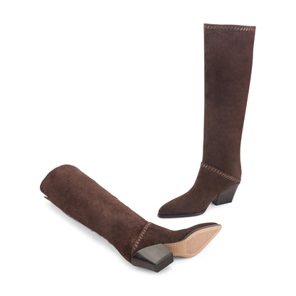 Marc Fisher Tayla Block Heel Leather Boot - Dark Brown Suede