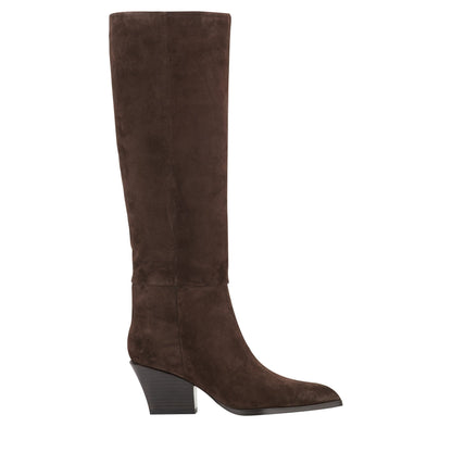 Marc Fisher Tarrie Block Heel Leather Boot - Dark Brown Suede