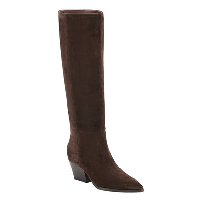 Marc Fisher Tarrie Block Heel Leather Boot - Dark Brown Suede