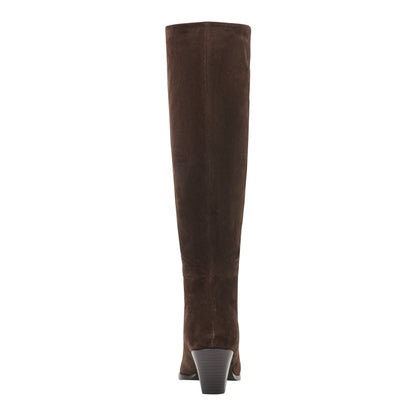 Marc Fisher Tarrie Block Heel Leather Boot - Dark Brown Suede