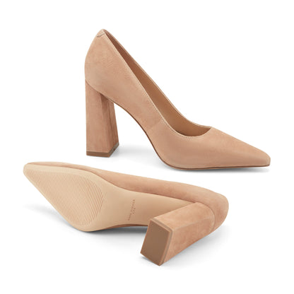 Marc Fisher Minny Leather Block Heel Pump - Medium Natural Suede