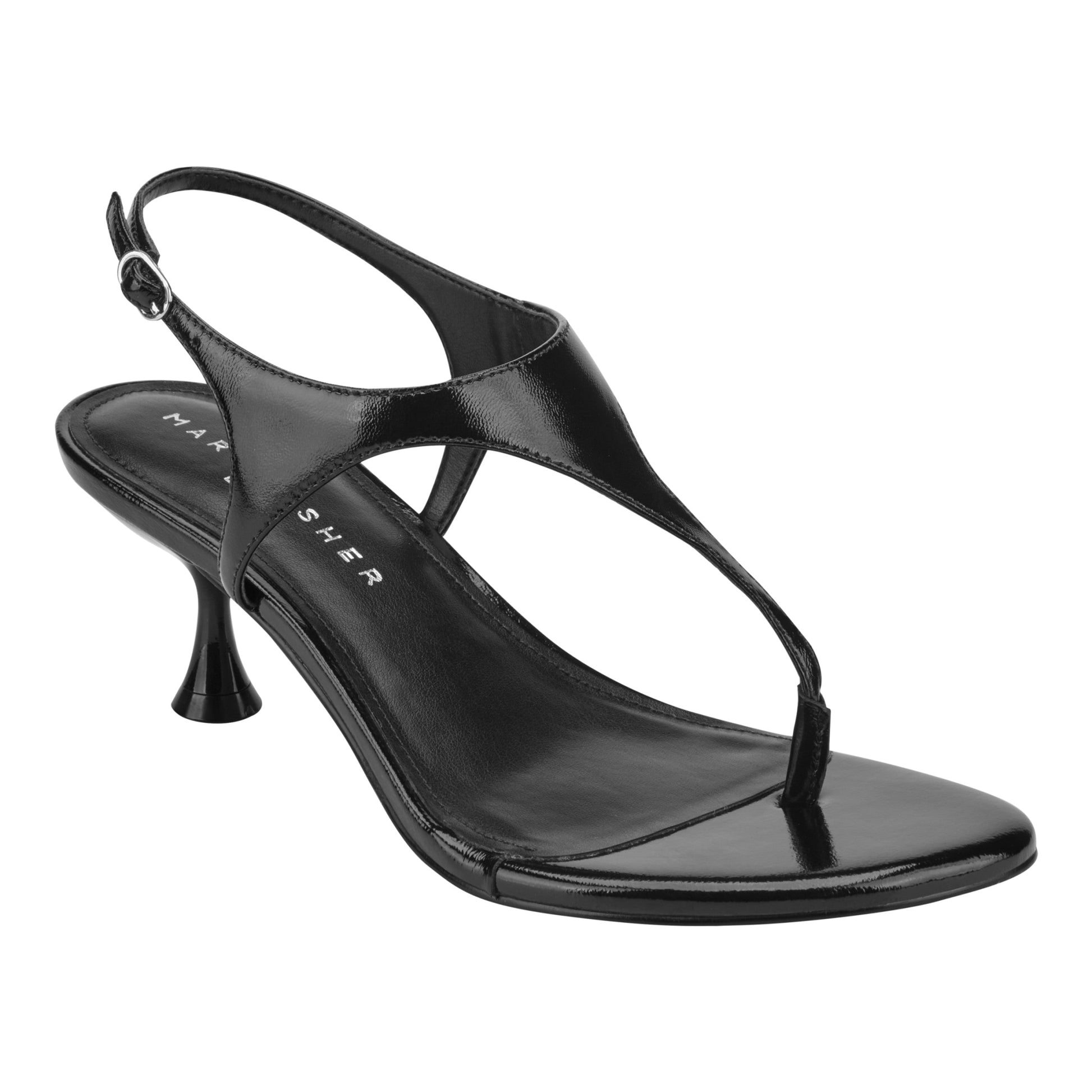 Marc Fisher Pelysa Leather Heeled Thong Sandal - Black Patent Leather