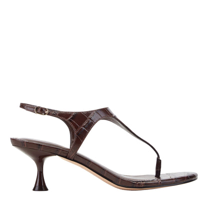 Marc Fisher Pelysa Leather Heeled Thong Sandal - Brown Embossed Croco Leather