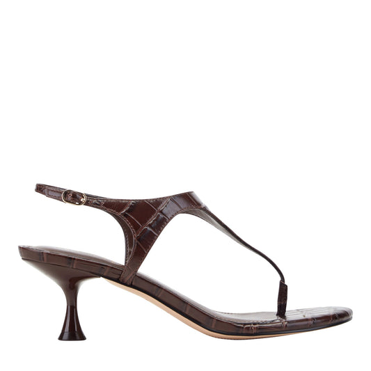 Marc Fisher Pelysa Leather Heeled Thong Sandal - Brown Embossed Croco Leather
