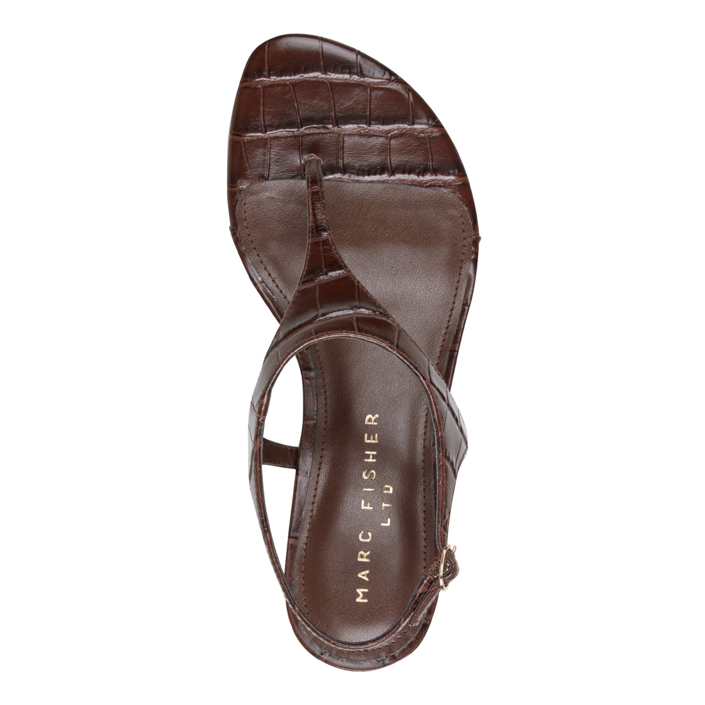 Marc Fisher Pelysa Leather Heeled Thong Sandal - Brown Embossed Croco Leather