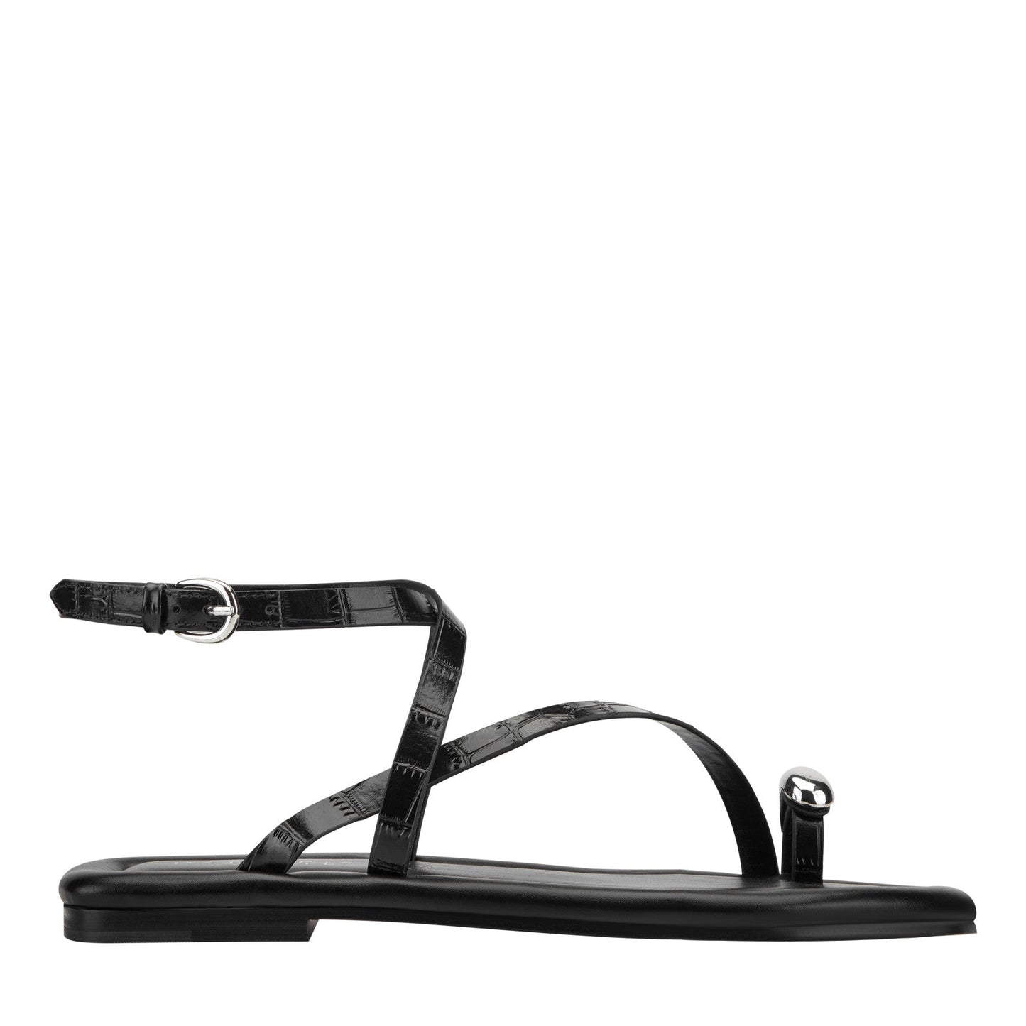 Marc Fisher Gynnie Flat Leather Sandal - Black Leather Embossed Croco