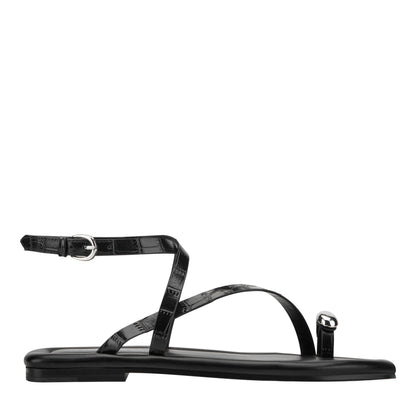 Marc Fisher Gynnie Flat Leather Sandal - Black Leather Embossed Croco