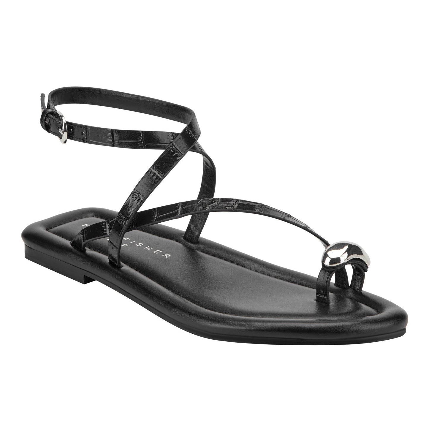 Marc Fisher Gynnie Flat Leather Sandal - Black Leather Embossed Croco