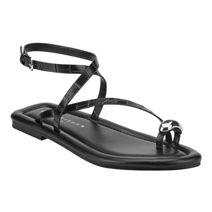Marc Fisher Gynnie Flat Leather Sandal - Black Leather Embossed Croco