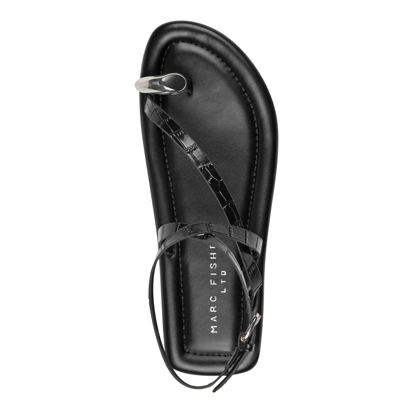 Marc Fisher Gynnie Flat Leather Sandal - Black Leather Embossed Croco