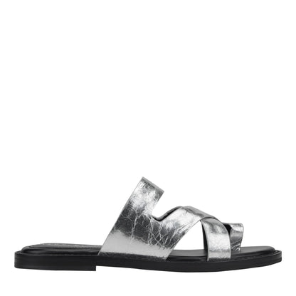 Marc Fisher Genella Flat Leather Sandal - Silver Leather