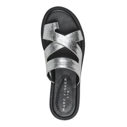 Marc Fisher Genella Flat Leather Sandal - Silver Leather