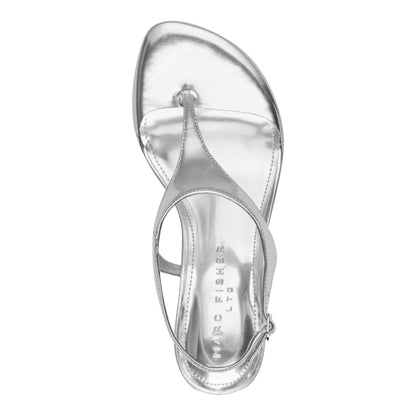 Marc Fisher Pelysa Leather Heeled Thong Sandal - Silver Leather