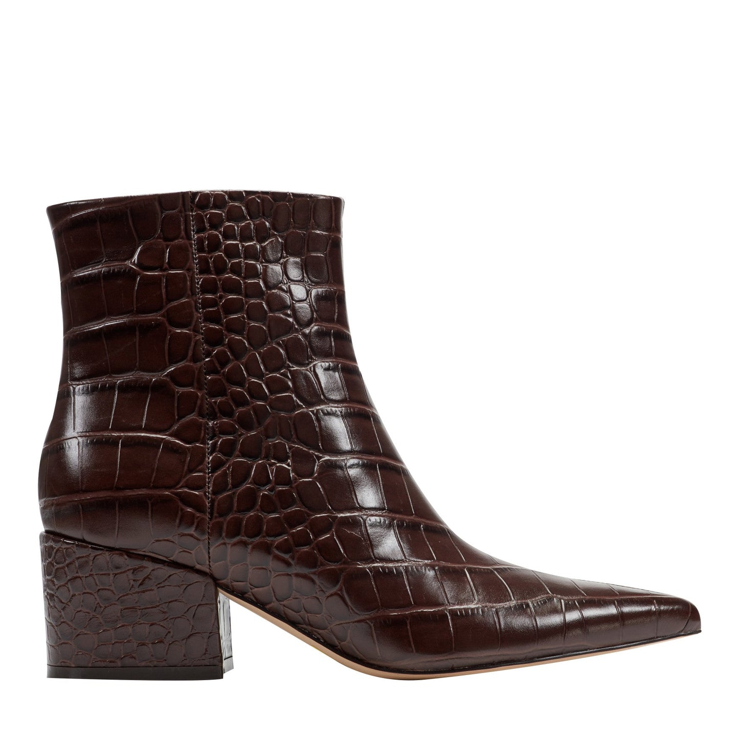 Marc Fisher Alfie Block Heel Leather Ankle Bootie - Embossed Croco Dark Brown Leather