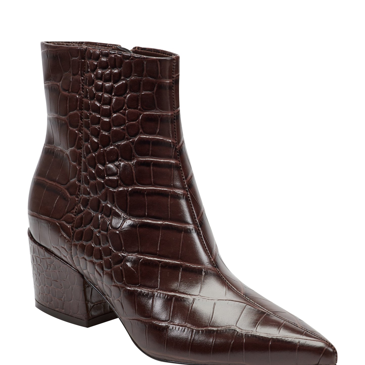 Marc Fisher Alfie Block Heel Leather Ankle Bootie - Embossed Croco Dark Brown Leather