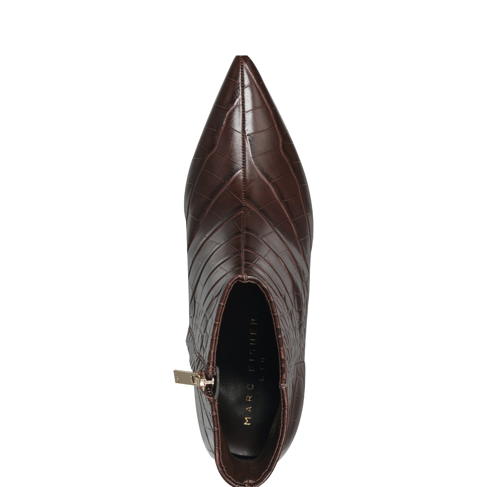 Marc Fisher Alfie Block Heel Leather Ankle Bootie - Embossed Croco Dark Brown Leather