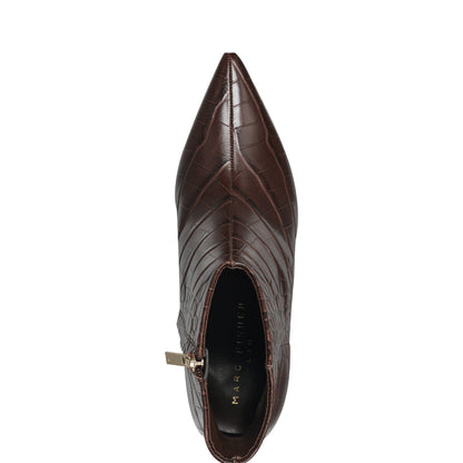 Marc Fisher Alfie Block Heel Leather Ankle Bootie - Embossed Croco Dark Brown Leather