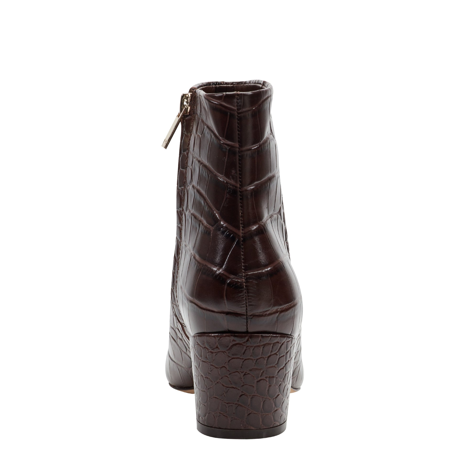 Marc Fisher Alfie Block Heel Leather Ankle Bootie - Embossed Croco Dark Brown Leather