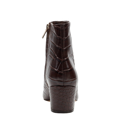 Marc Fisher Alfie Block Heel Leather Ankle Bootie - Embossed Croco Dark Brown Leather