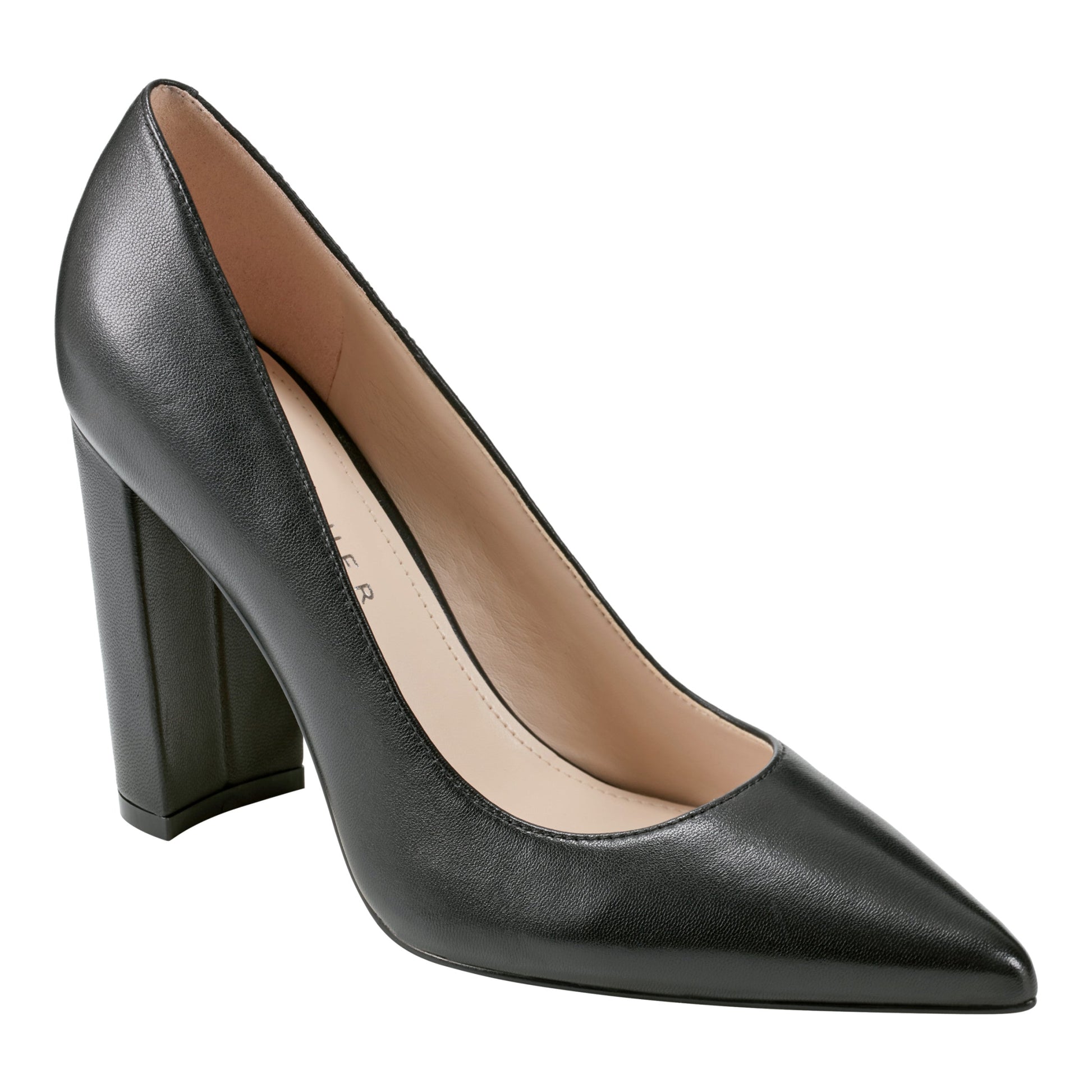 Marc Fisher Abilene Leather Block Heel Pointy Toe Pump - Black Leather