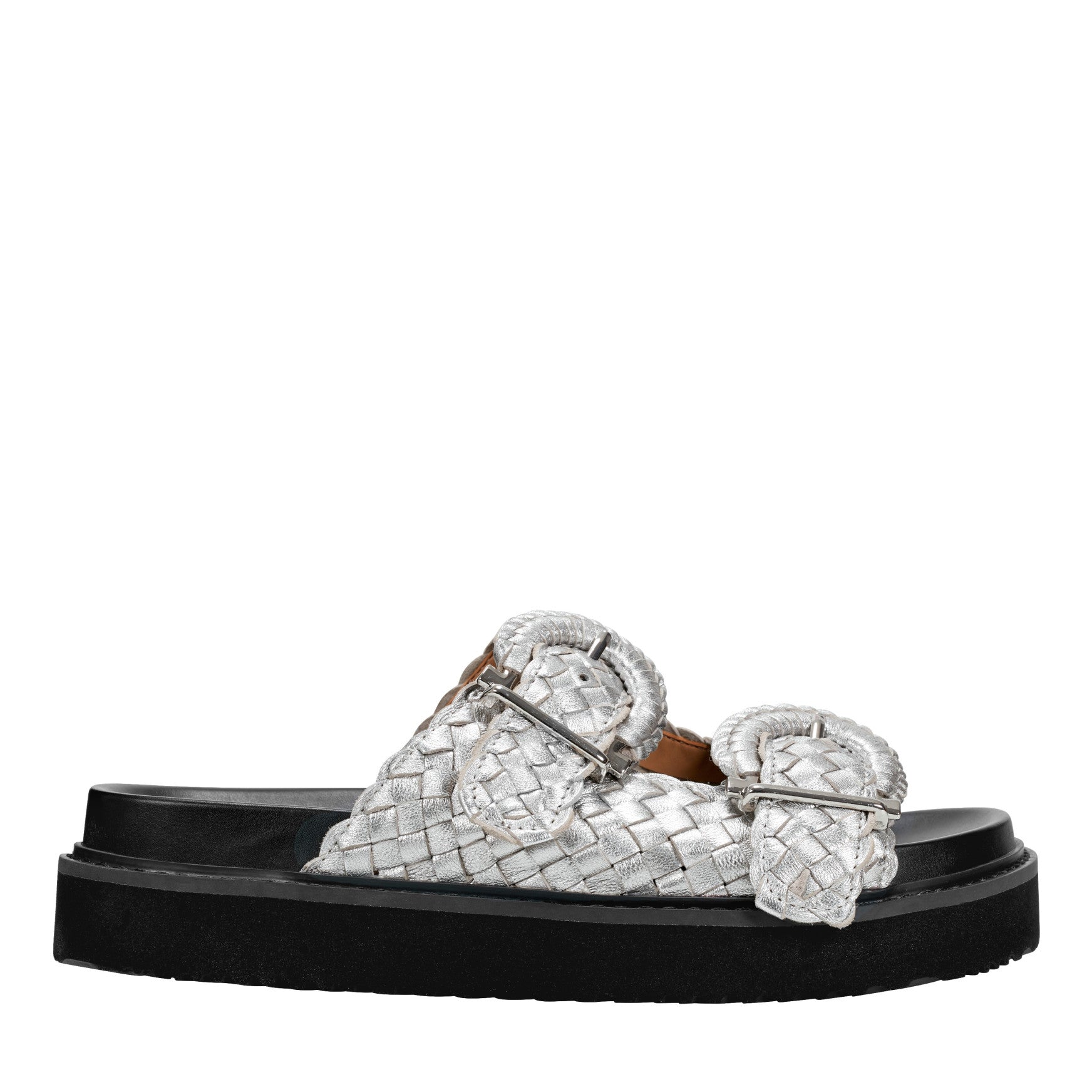 Marc Fisher Auggie Woven Leather Footbed Sandal - Silver Leather