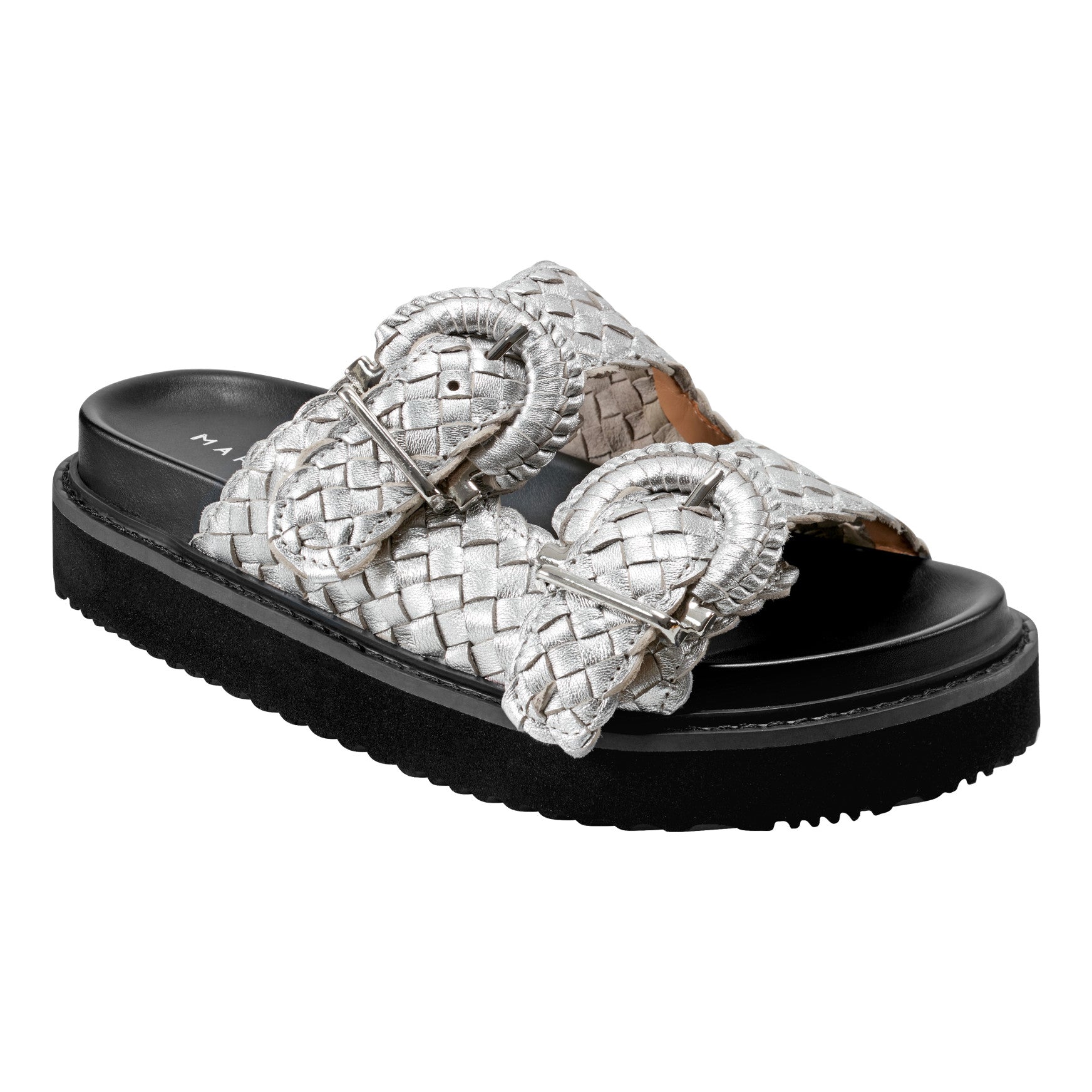Marc Fisher Auggie Woven Leather Footbed Sandal - Silver Leather