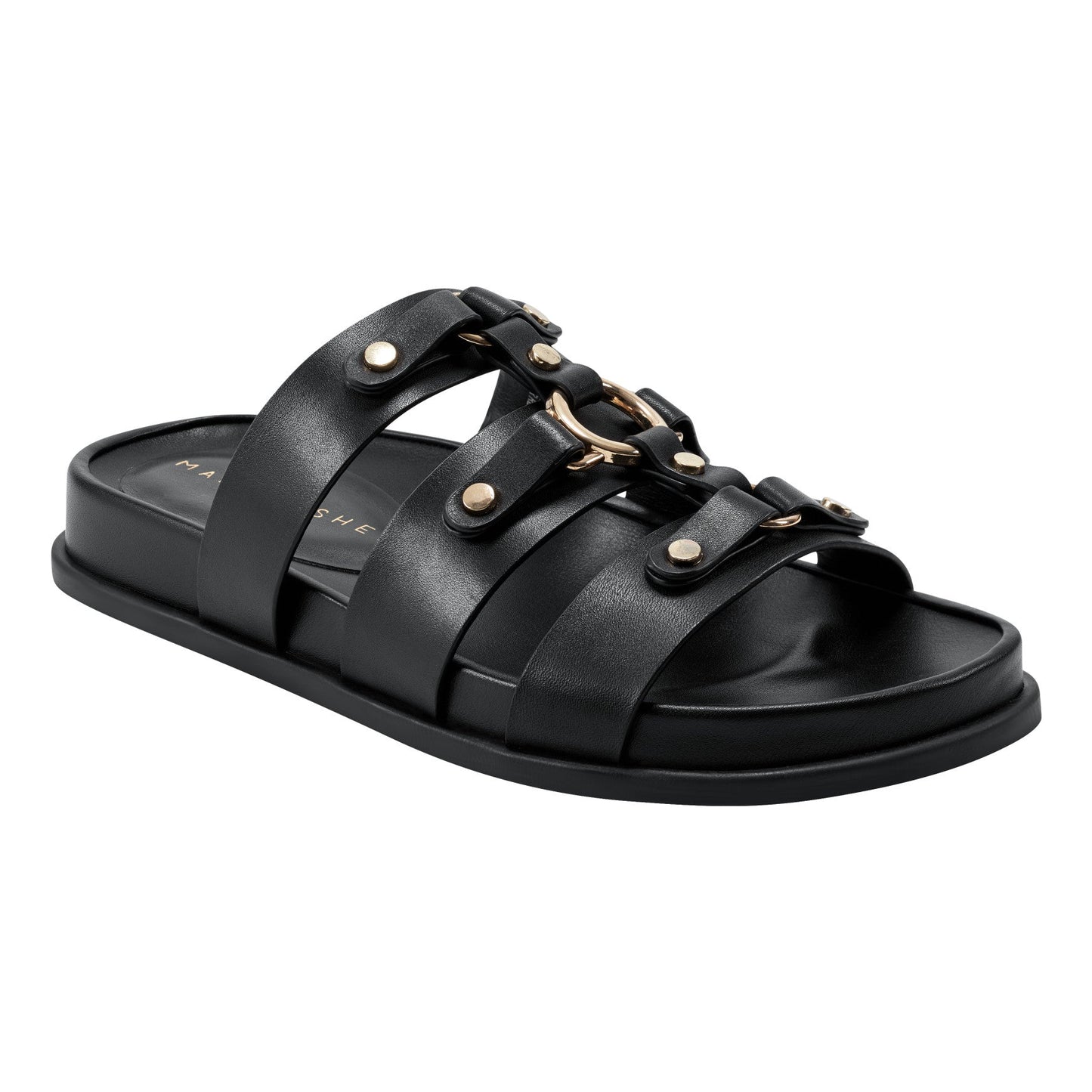 Marc Fisher Verity Flat Leather Footbed Sandal - Black Leather
