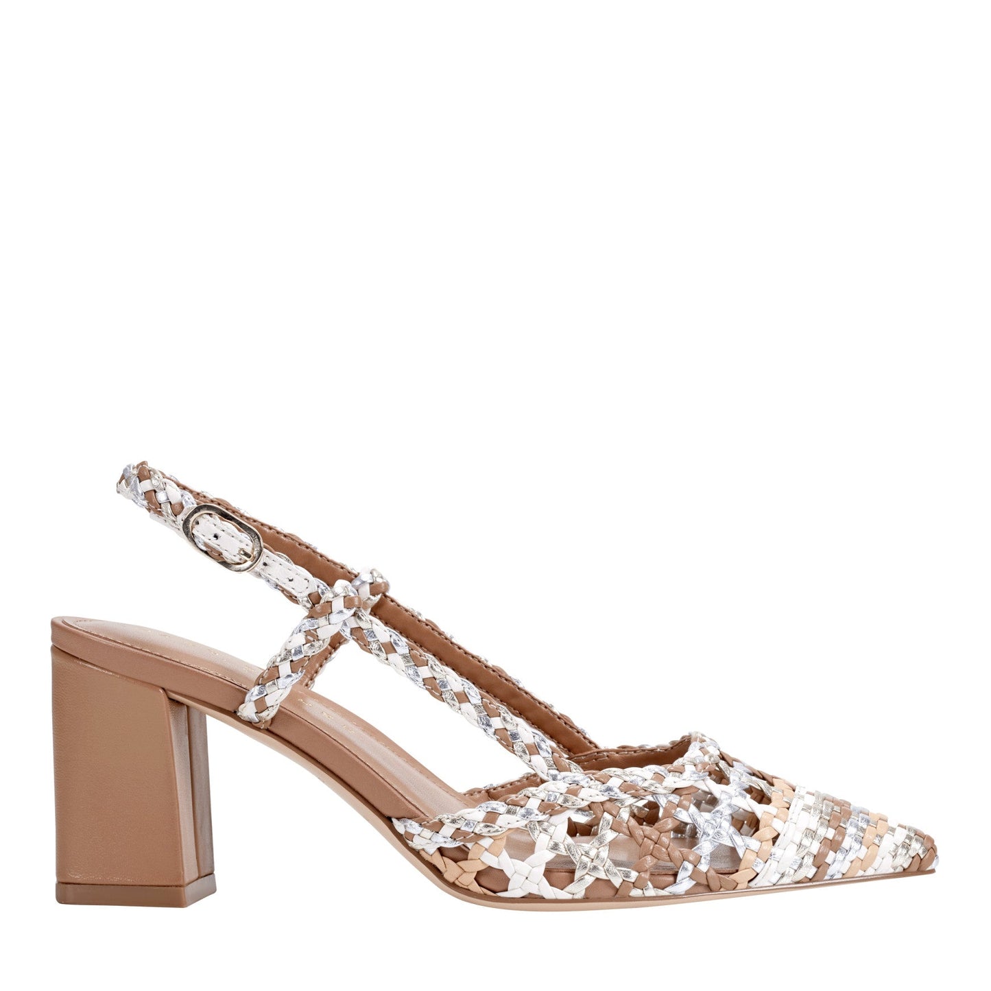 Marc Fisher Zunnie Block Heel Woven Leather Slingback Pump - Natural Multi Leather