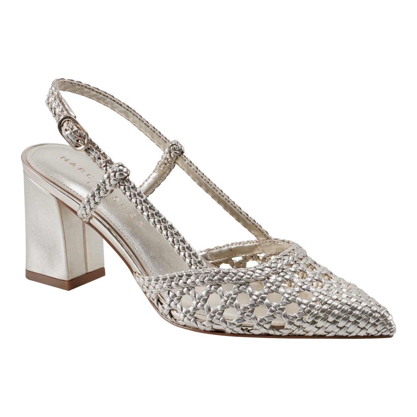 Marc Fisher Zunnie Block Heel Woven Leather Slingback Pump - Platino Leather
