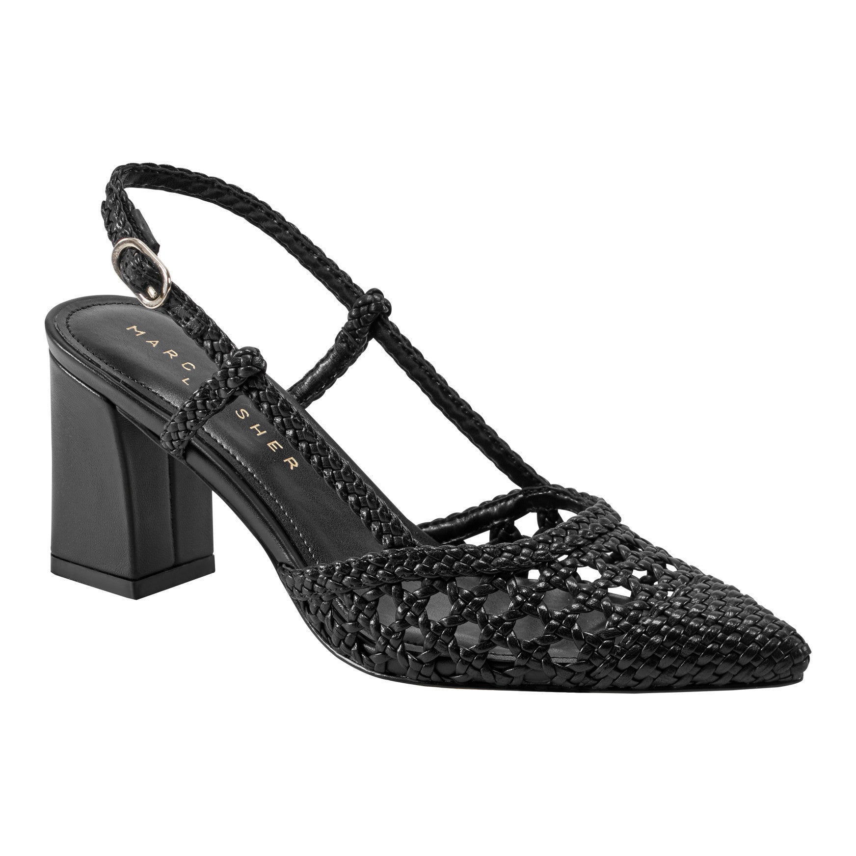 Marc Fisher Zunnie Block Heel Woven Leather Slingback Pump - Black Leather
